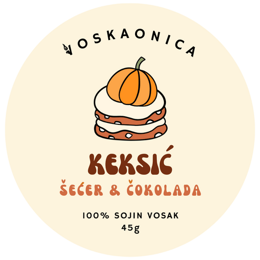 Keks sa šećerom i čokoladom koji predstavlja sojin mirisni vosak Keksić.