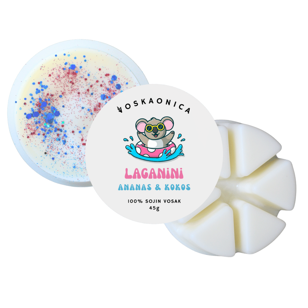 Koala se kupa u moru sa slatkim ružičastim luftićem. Mirisni vosak predstavljen s prednje i zadnje strane.