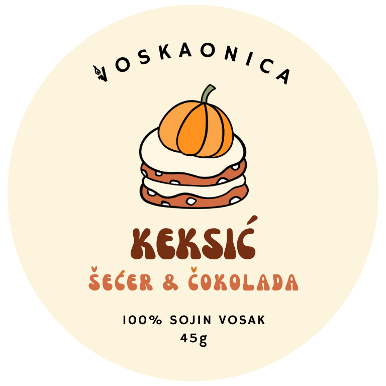 Keks sa šećerom i čokoladom koji predstavlja sojin mirisni vosak Keksić.