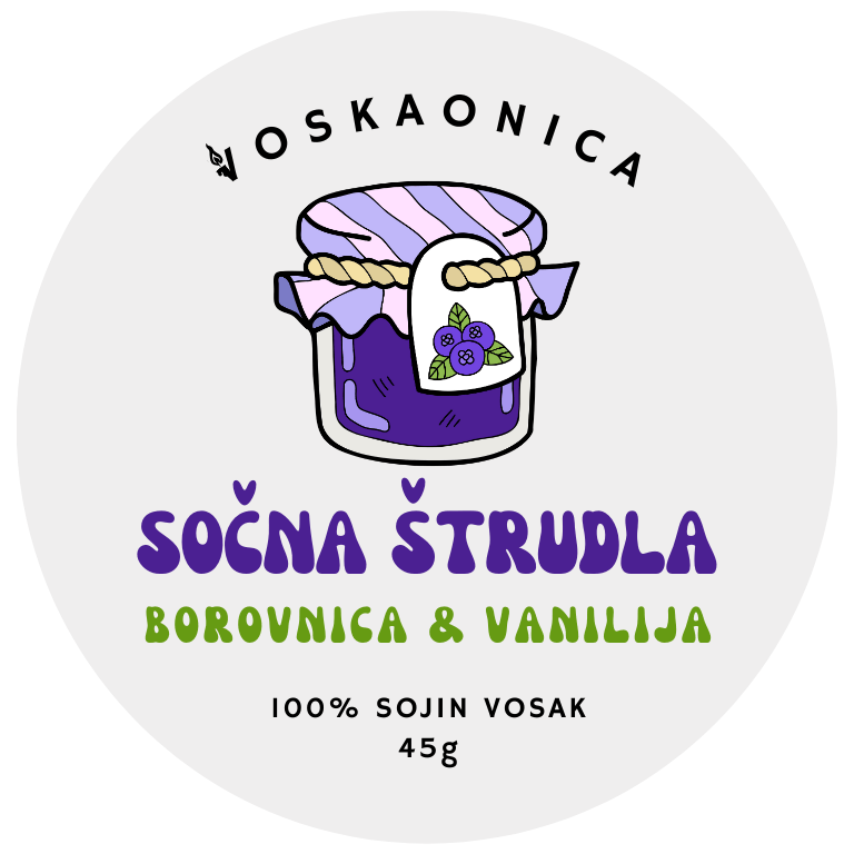 Teglica džema od borovnice. Predstavlja sojin mirisni vosak sočna štrudla koji mirisom vraća u bakinu kuhinju.