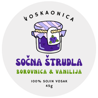Teglica džema od borovnice. Predstavlja sojin mirisni vosak sočna štrudla koji mirisom vraća u bakinu kuhinju.