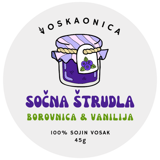 Teglica džema od borovnice. Predstavlja sojin mirisni vosak sočna štrudla koji mirisom vraća u bakinu kuhinju.