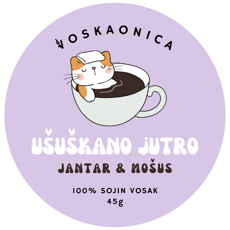 Macka u salici kave poziva na buđenje i uživanje u novom danu. Predstavlja mirisni vosak ususkano jutro.